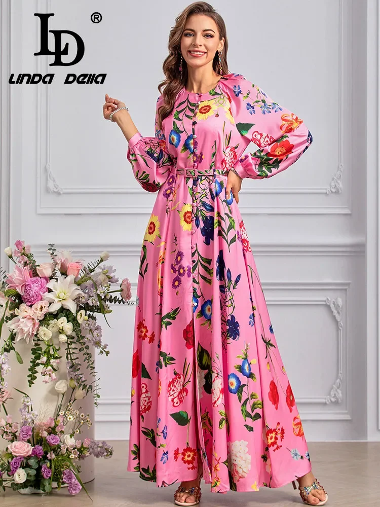 LD LINDA DELLA Fashion Designer Autumn Dress Women's Bohemian Floral Print Single Breasted Sashes Split Temperament Dresses