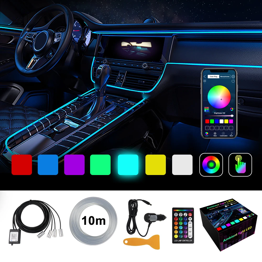 10M 4in1 Car LED interior universal RGB atmosphere light fiber APP music control car decoration neon lights