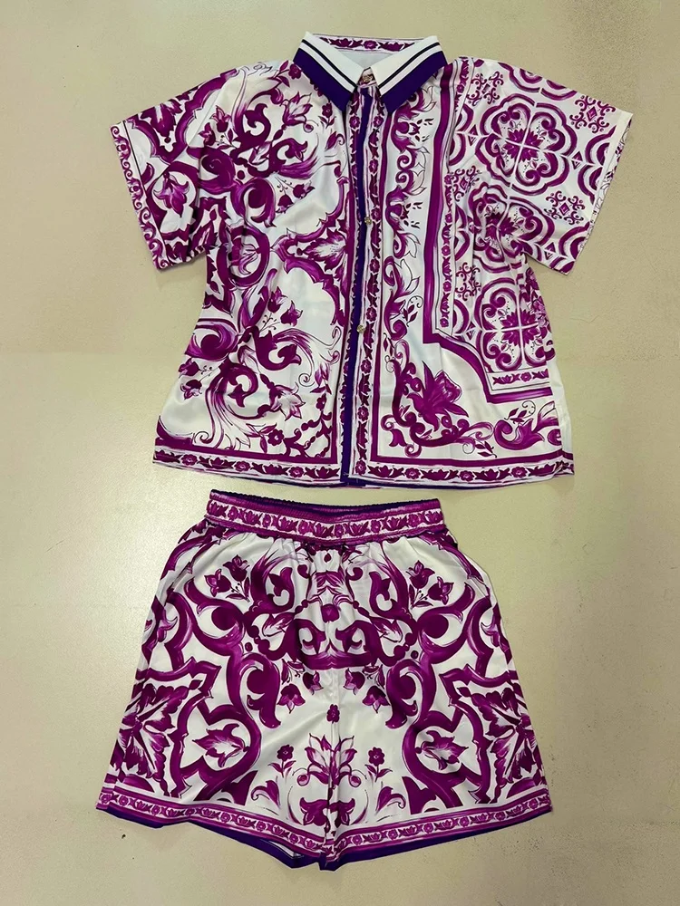 

Retro geometric print lapel straight leg shirt two-piece set for 2025 summer women's clothing+elastic waist loose shorts set