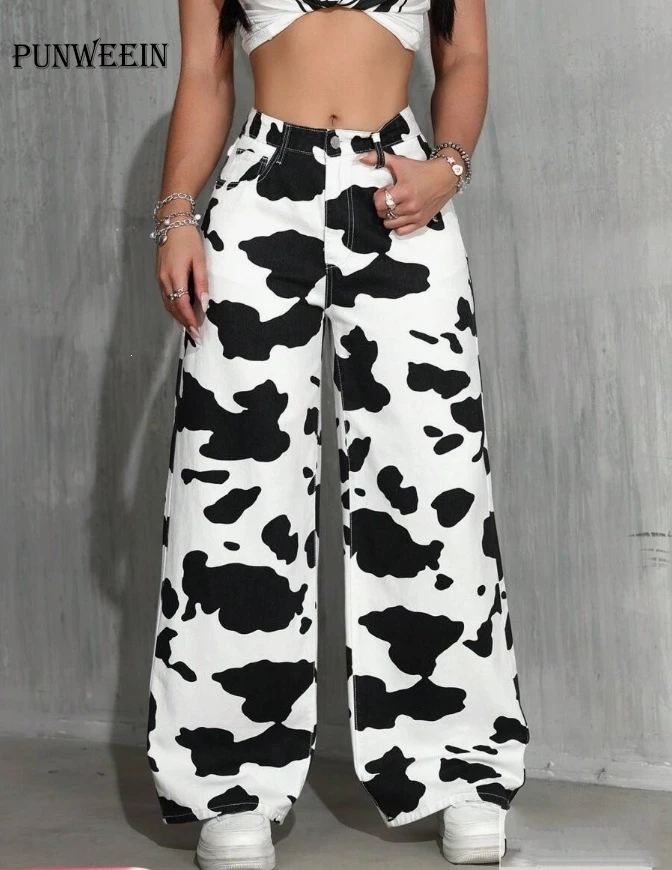 European Style Hot Girl Cow Print Wide Leg Pants For Women Y2K Retro High Waisted Slimming Straight Jeans in Denim Like Fabric