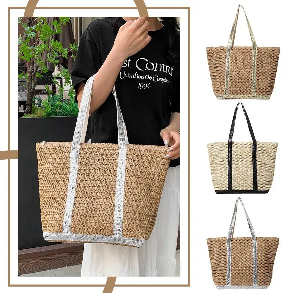 

Women Straw Tote Handbag Large Capacity Sequins Crochet Beach Handbag Contrast Color Simple Shoulder Bag Ladies Summer Daily Bag