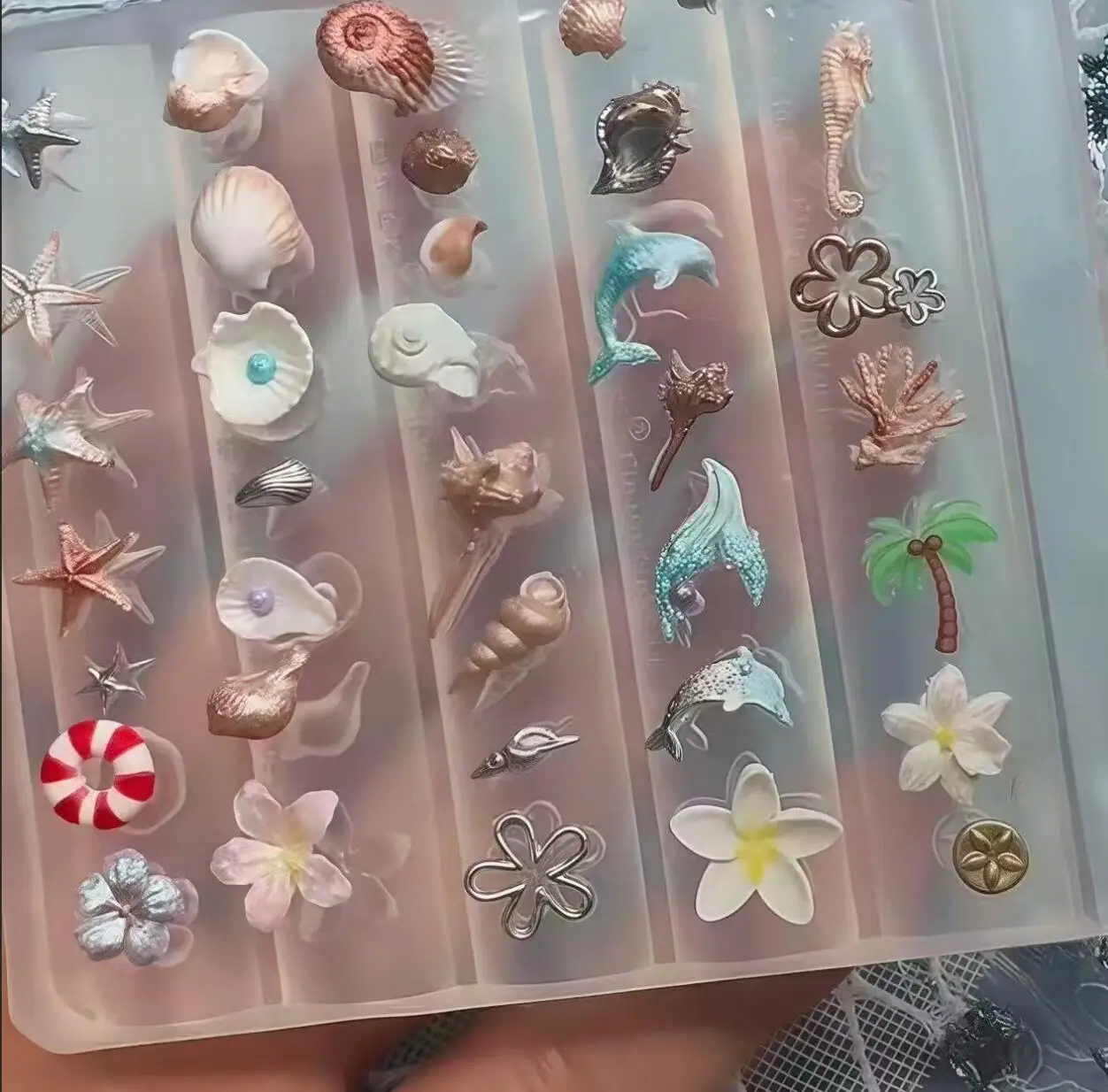 1Pcs Ocean Shell Theme Silicone Nail Mold 3D Conch Starfish Plumeria Coconut Tree Nails Template DIY Seaside Nail Charms Molds