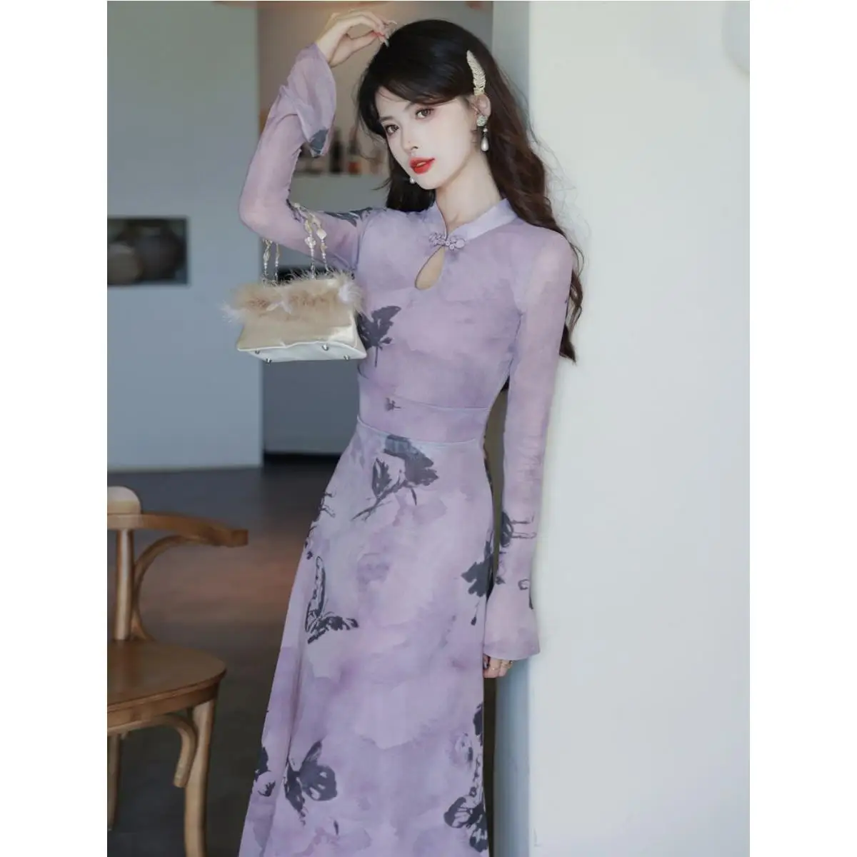 

Элегантное китайское платье-ципао с длинным рукавом, новинка 2025 года, повседневное, улучшенное для церемоний, из полиэфирного волокна