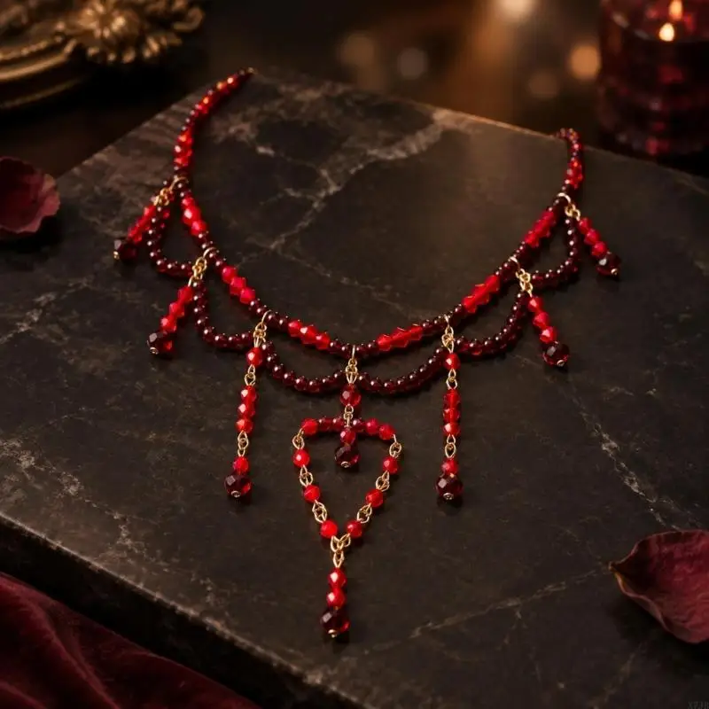  Dark Red Multi-Strand Necklace Crystal Beaded Collarbone Drape Neck Chain