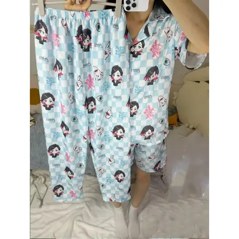 3Pcs Demon Slayer Enmu Pajama Set Women Blue Plaid Short Sleeve Shirt Shorts Soft Loungewear Home Sleepwear for Anime Fans Soft