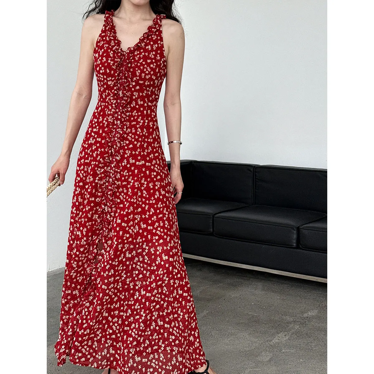 

French Floral Beach Resort Off-Shoulder Dress Summer New Arrival Slimming V-Neck Ruffle Choker Maxi Dress