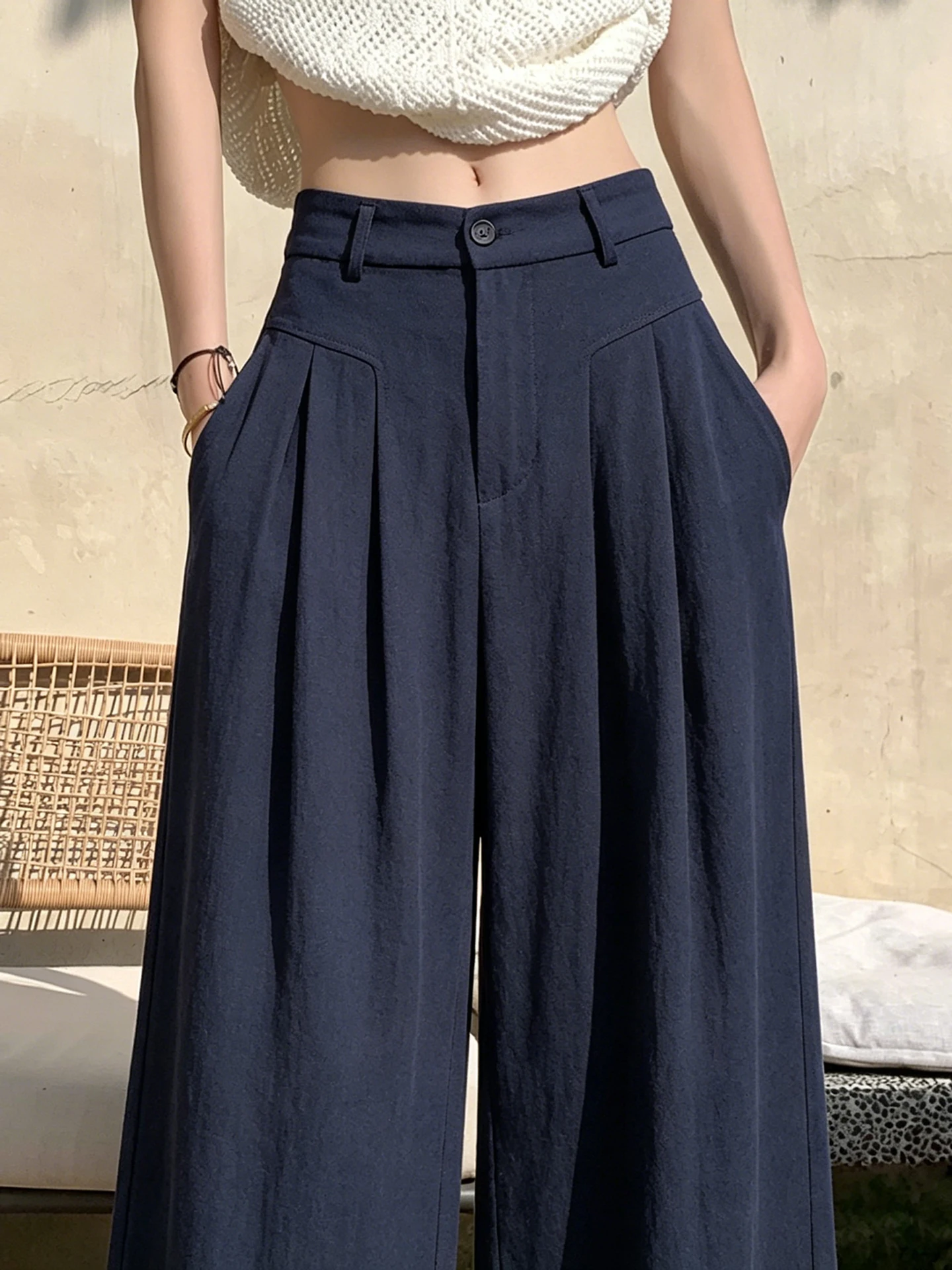 

Slimming High Waist Wide Leg Pants Women's Summer Thin Ice Silk Cotton Linen Casual Drapey Suit Pants Korean Style Commute