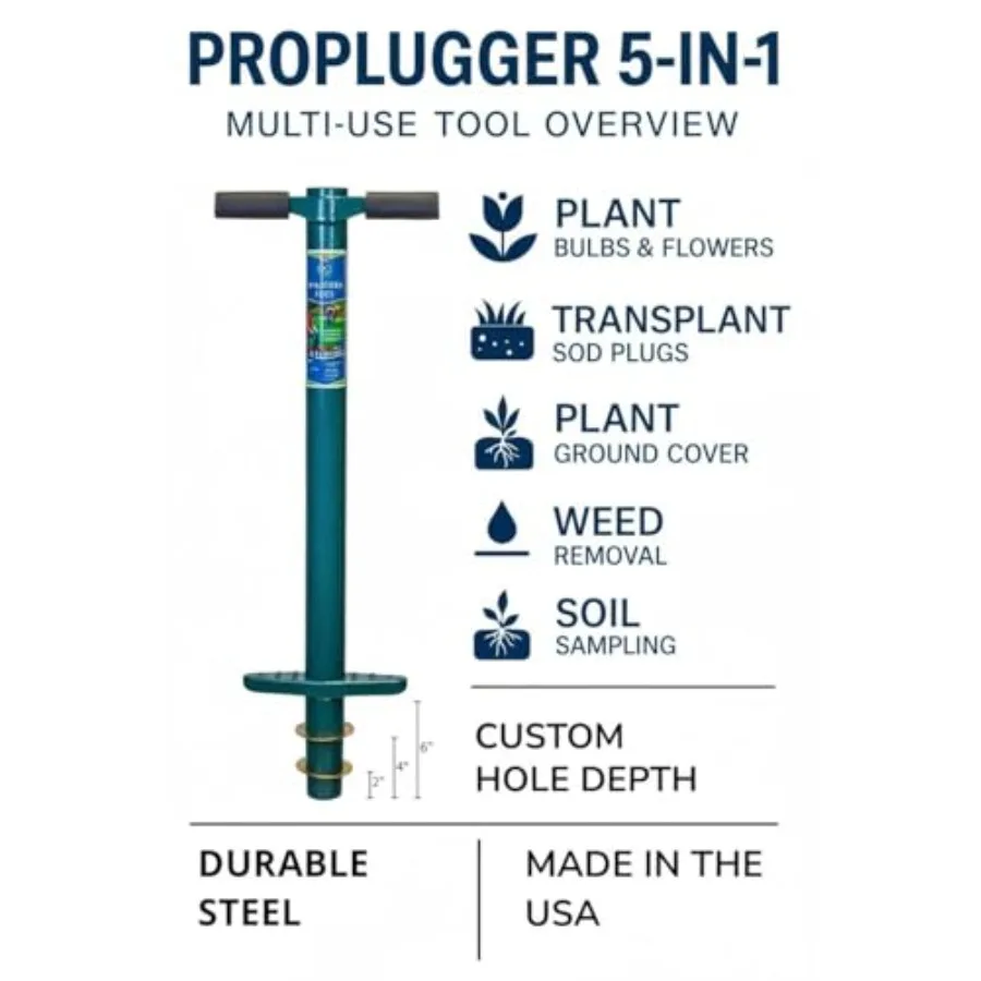 5-IN-1 Lawn Tool and Garden Tool, Bulb Planter, Weeder, Sod Pler, Annual Planter, Soil Test