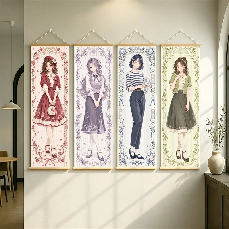 Anime Women in Red and Purple Dresses with Navy and Green Outfits Hanging Scroll with Floral Linework for a Reading Nook