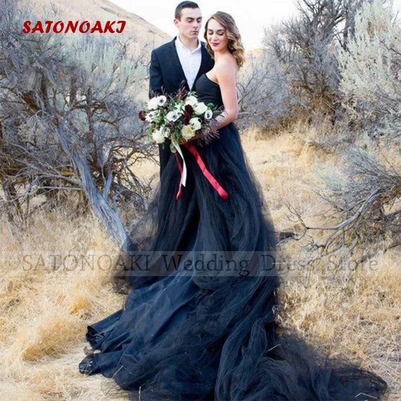 

Elegant Boho Sweetheart Black Tulle Wedding Dress for Women A-Line Sexy Sleeveless Lace-up Bride Gown Vestido De Novia Custom