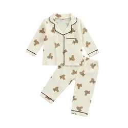 2022-07-06 Lioraitiin 0-6Years Kids Unisex Casual Pajama Suit Bear Printed Long Sleeve Front Pocket Lapel Tops Printed Long Pant