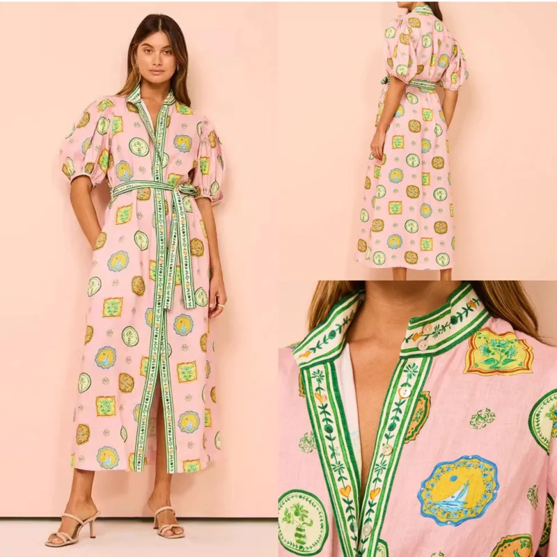 

Printed Waist Tied Women Cardigan Dress 2024 Summer Casual Contrasting V-neck Dress Fashion Loose Short Sleeved Home Long Skirt