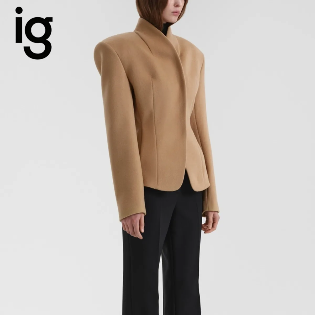 IG Women Stand Collar Padded Shoulder Waisted Blend Blazer, Single Breasted Tailored Elegant Office Winter Outerwear