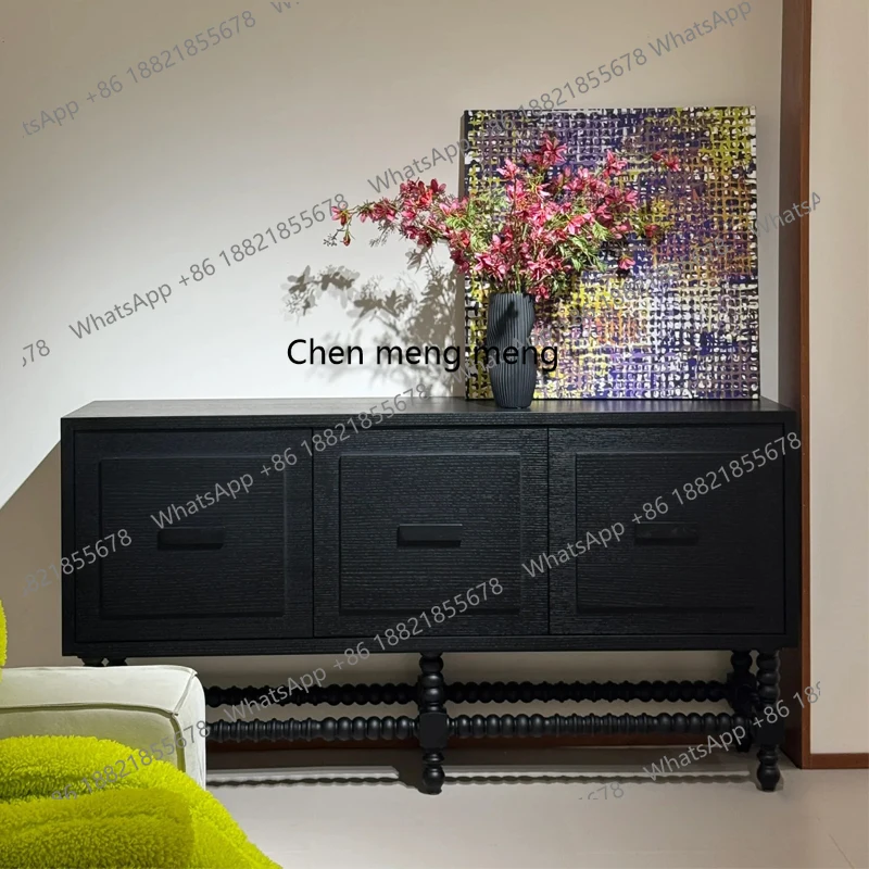 

French medieval solid wood black dining side entrance cabinet retro carved three-door locker