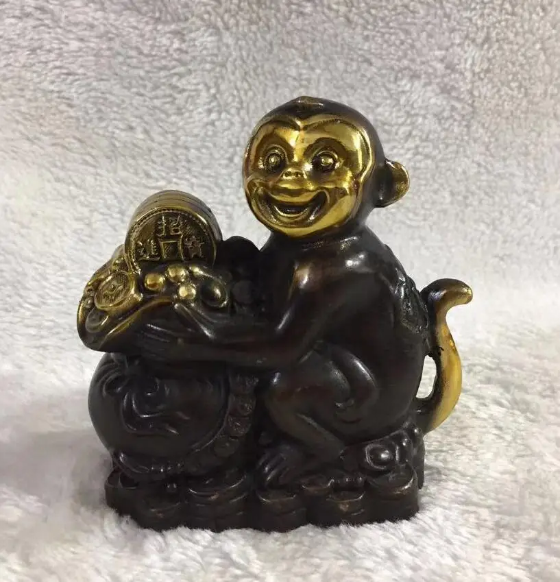 Cute Monkey With purse coin Brass recruit wealth Statue Metal Figurine Home Office Desk Decor Feng Shui Ornament Gift Bring Luck