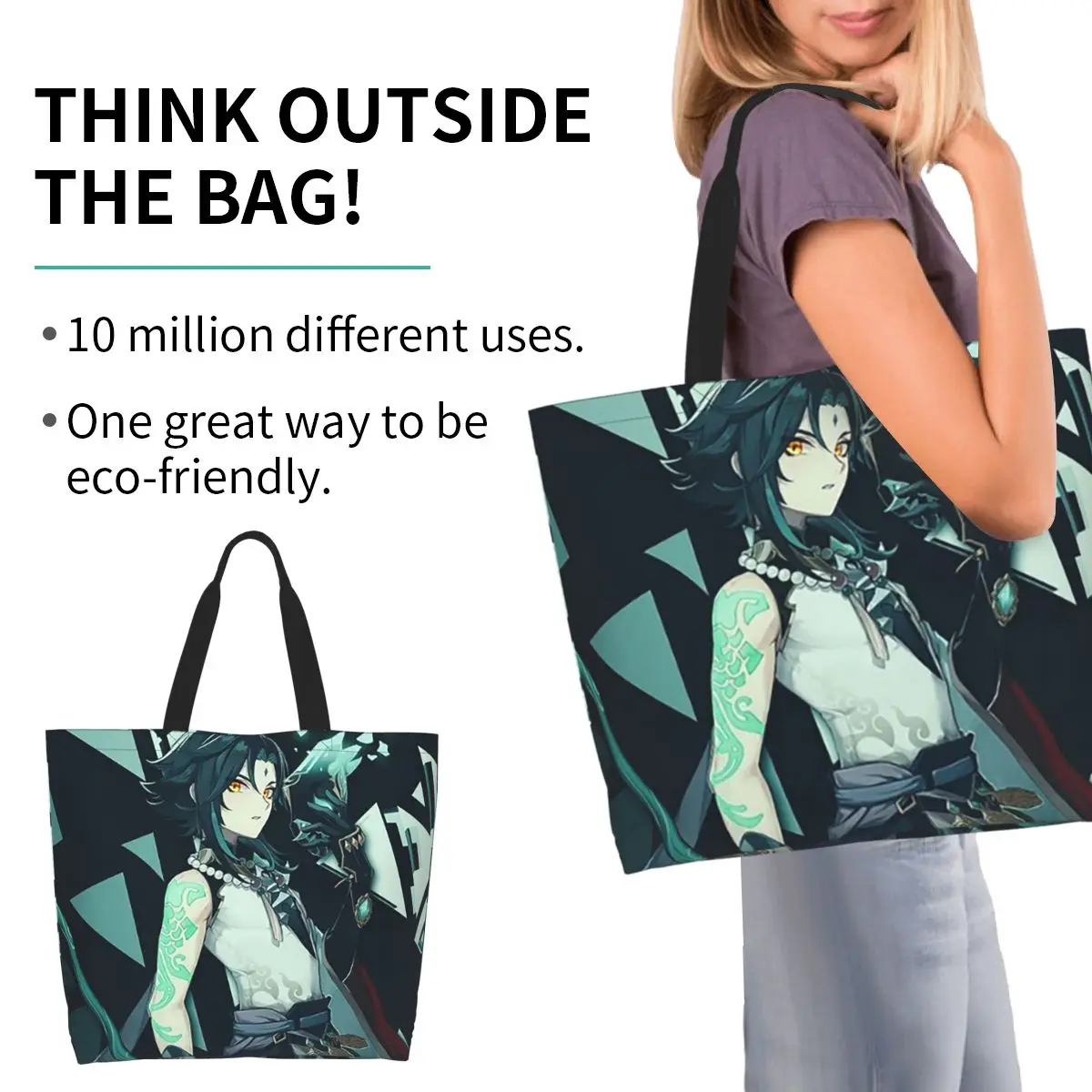 Genshin Impact Xiao Shopping Tote Bag Canvas Large Capacity Shoulder Bags Shopper Grocery Handbag for Women