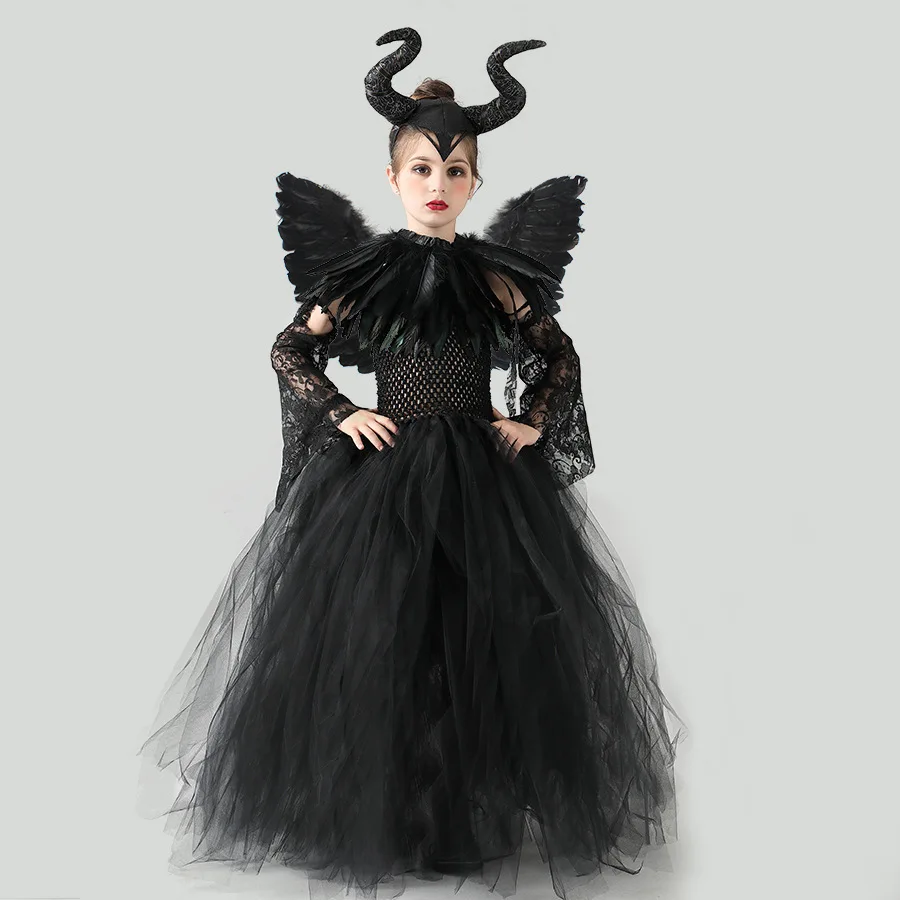 Schwarzes böses Hexen-Maleficent-Kostüm für kleine Kinder mit komplettem Zubehör, Hörnern, Flügeln und Zauberstab für Trick-or-Treat, Schule und Bühnenkostüme. – Detail 12