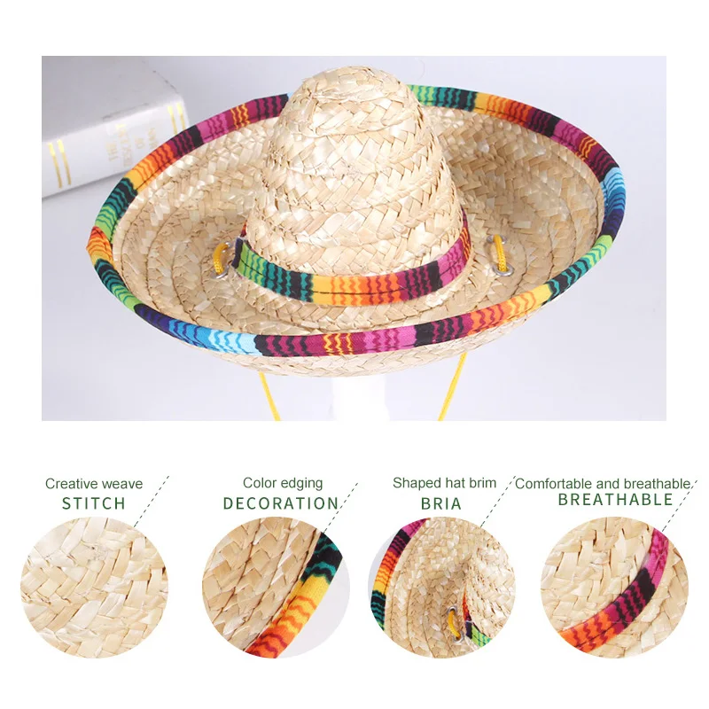 Cute Mini Puppy Dog Cat Straw Woven Sun Hat Cap Mexican Sombrero Pet Supplies Cute Costume For Dogs Adjustable Dog Hat