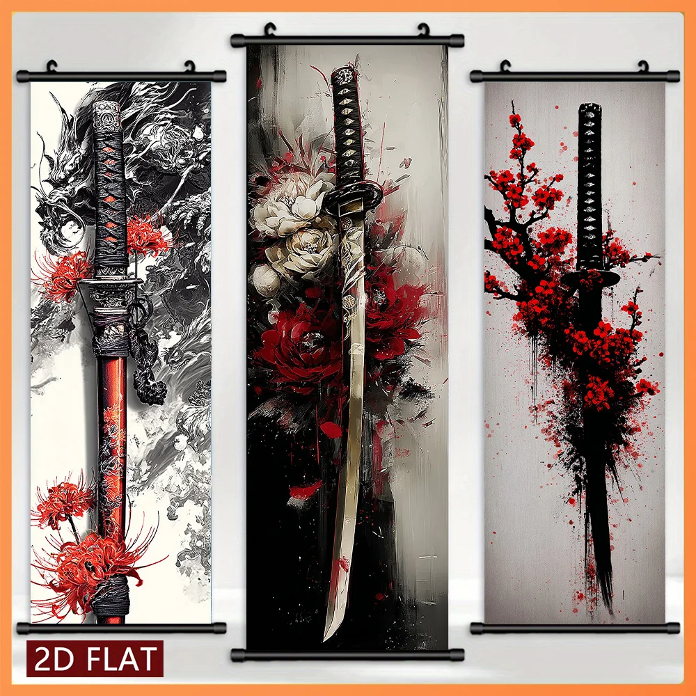 VIKAMA Japanese Samurai Katana Sword 3 Piece Wall Scroll Tapestry Set Ink Wall Art Decor for Living Room Bedroom Game Room Gift