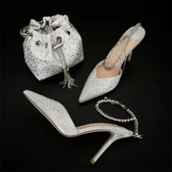 CHMURY Pointed Toe Rhinestone Heels and bag Set for Women Luxury Wedding