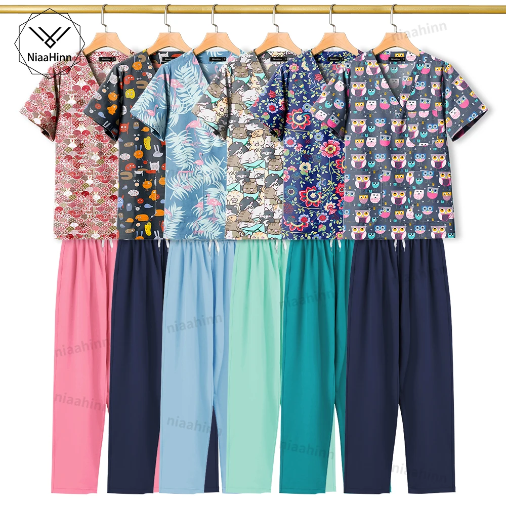 Medical Clothing for Women Dental Nursing Accessories Nurse Uniforms for Pediatric Clinics Cute Print Scrbus Set  Top+pants Suit