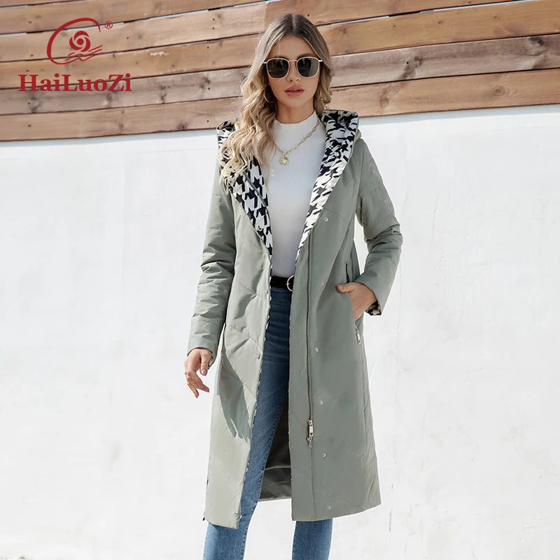 HaiLuoZi 2023 New Spring Women Coat Slim Hooded Parkas Long Fashion Jacket With Belt High Quality Quilted Women\'s Outwear 7059-1