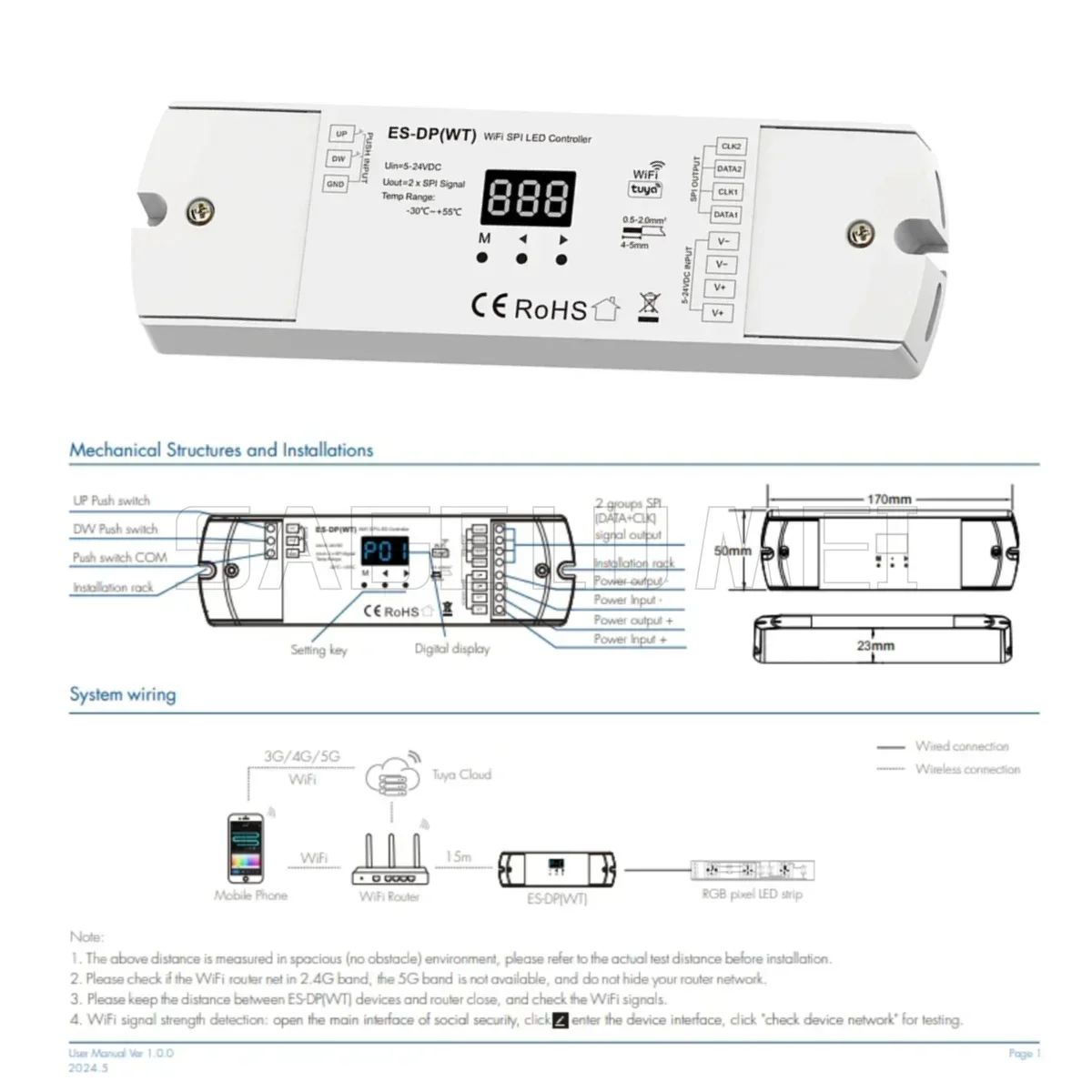 Skydance ES-DP(WT)5-24VDC WiFi SPI تحكم مزدوج الضغط على زر التحكم في ضوء الدرج لـ WS2812/2811 RGB أو شريط الضوء الأبيض Tuya #3
