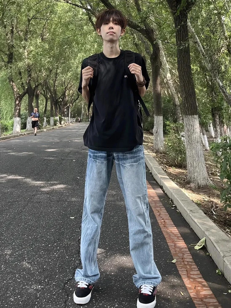 Jeans da uomo blu americani High Street Vibe ricamati con onda fulminea, vestibilità skinny, gamba dritta, pantaloni casual, autunno Faion