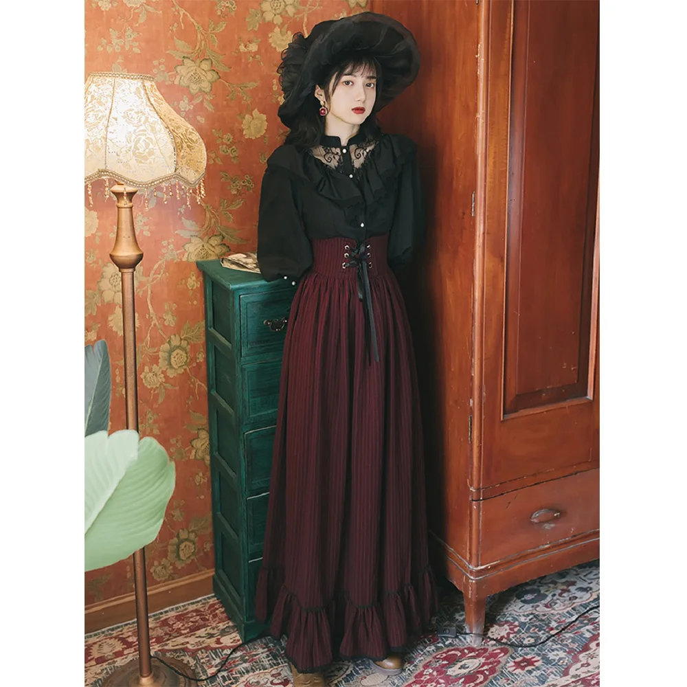 

Gothic British Style Women's Cosplay Court Shirt Dress Suit Classic Black Lace Ruffle Shirt High Waist Women's Dress
