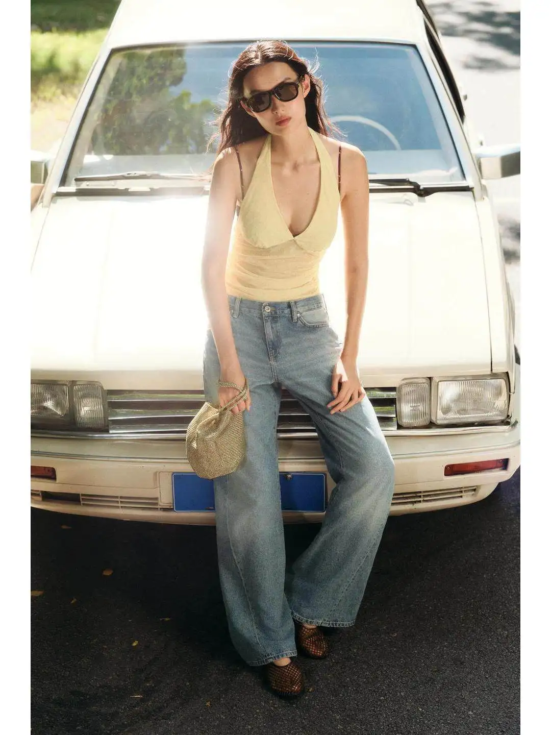 Sexy Transparent Mesh Backless Top with Neck Hanging Design Fashionable Pleated Half-Transparent Summer Women's Vest Citywalk