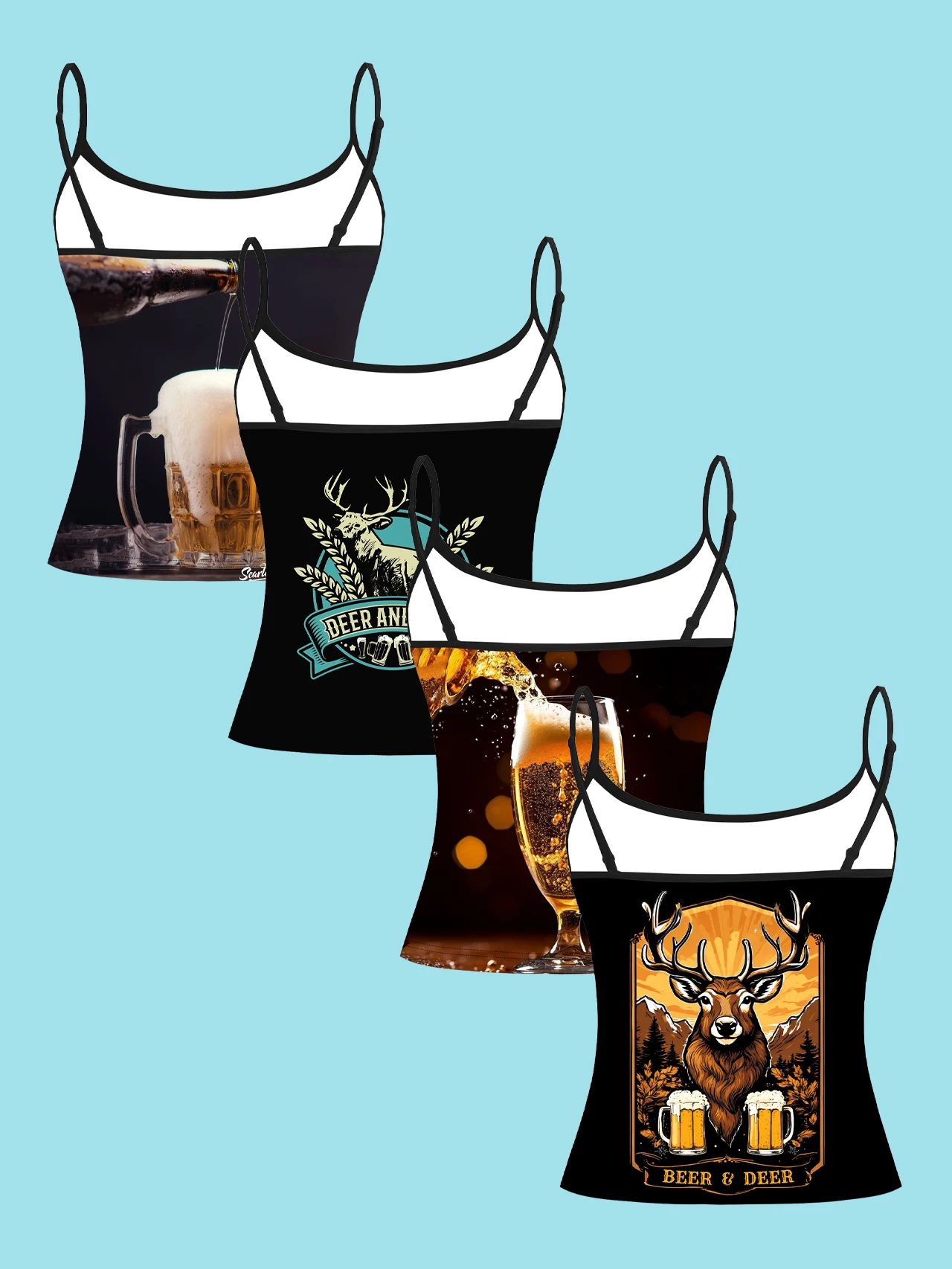 4-Piece Set of Women's Tank Tops with Deer and Beer Theme, Featuring Vintage Elk Mountain Print, Slim-Fit Spaghetti Strap Short Tank Tops