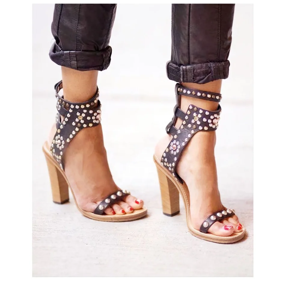 Sandales à rivets noirs avec boucle creuse, talon épais, bout ouvert, mode Sexy Cool, chaussures d'été grande taille pour femmes, Zapatillas Mujer, 2025