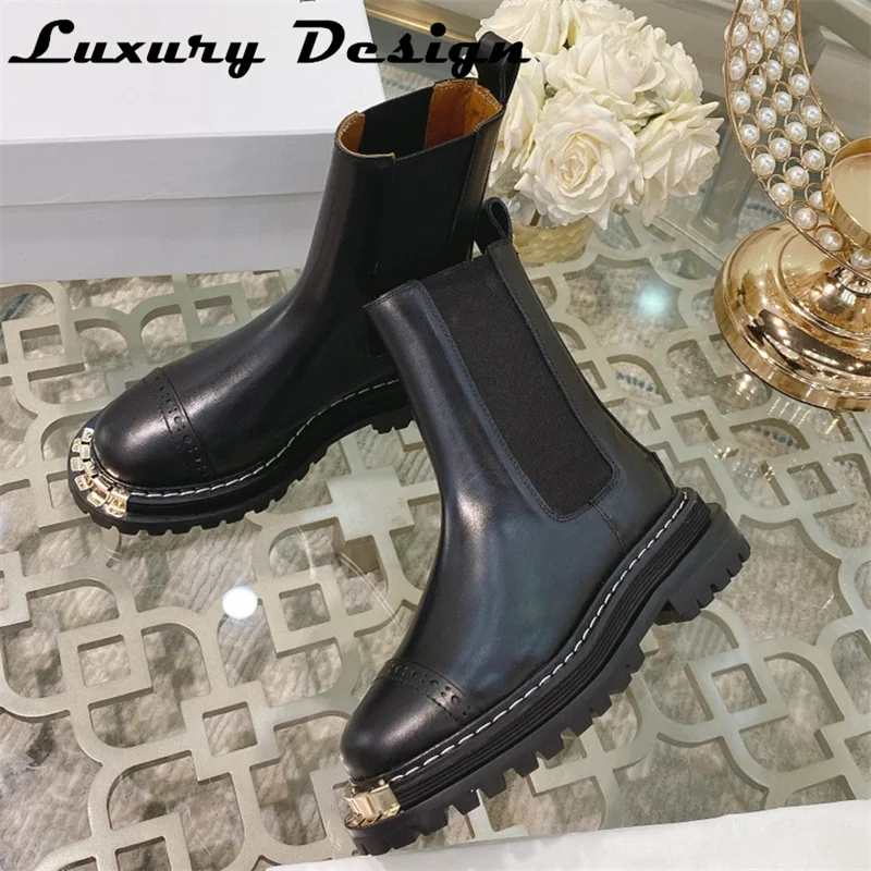 Natural Leather Ankle Boots Women Thick Sole Round Toe Casual Shoes Quality Leather Platform Short Boots Designer Brand Shoe