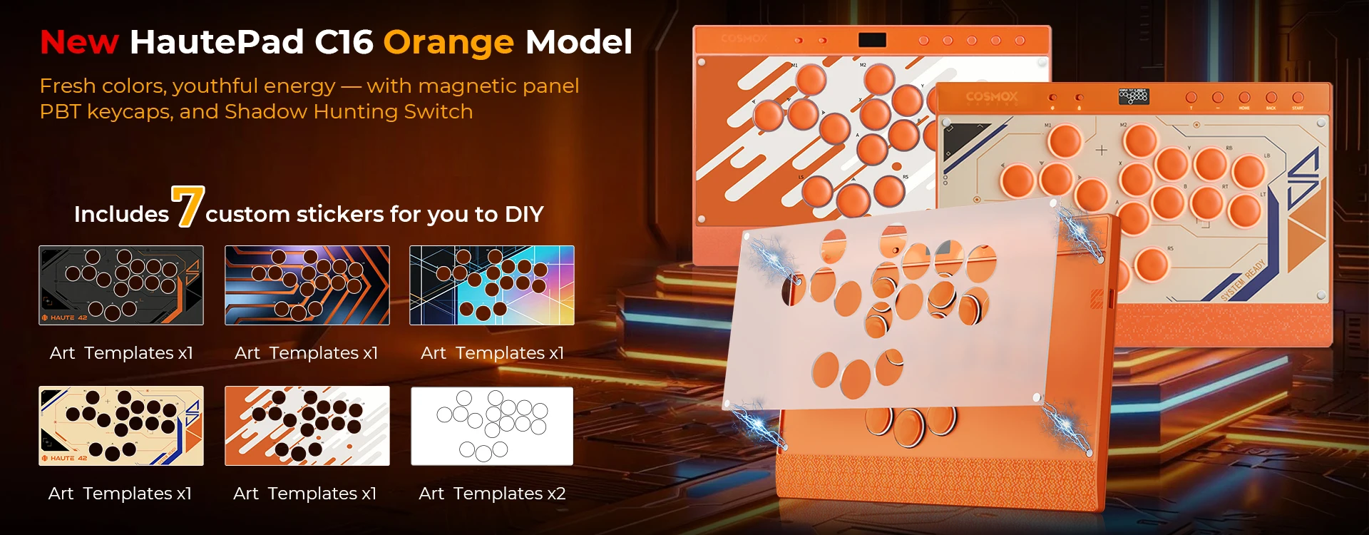 Haute42 C16 Orange Magnetic Hitbox Leverless Controller Fightstick For PC/ PS4 / PS5 Button Rim Stickless Arcade Stick Hitbox