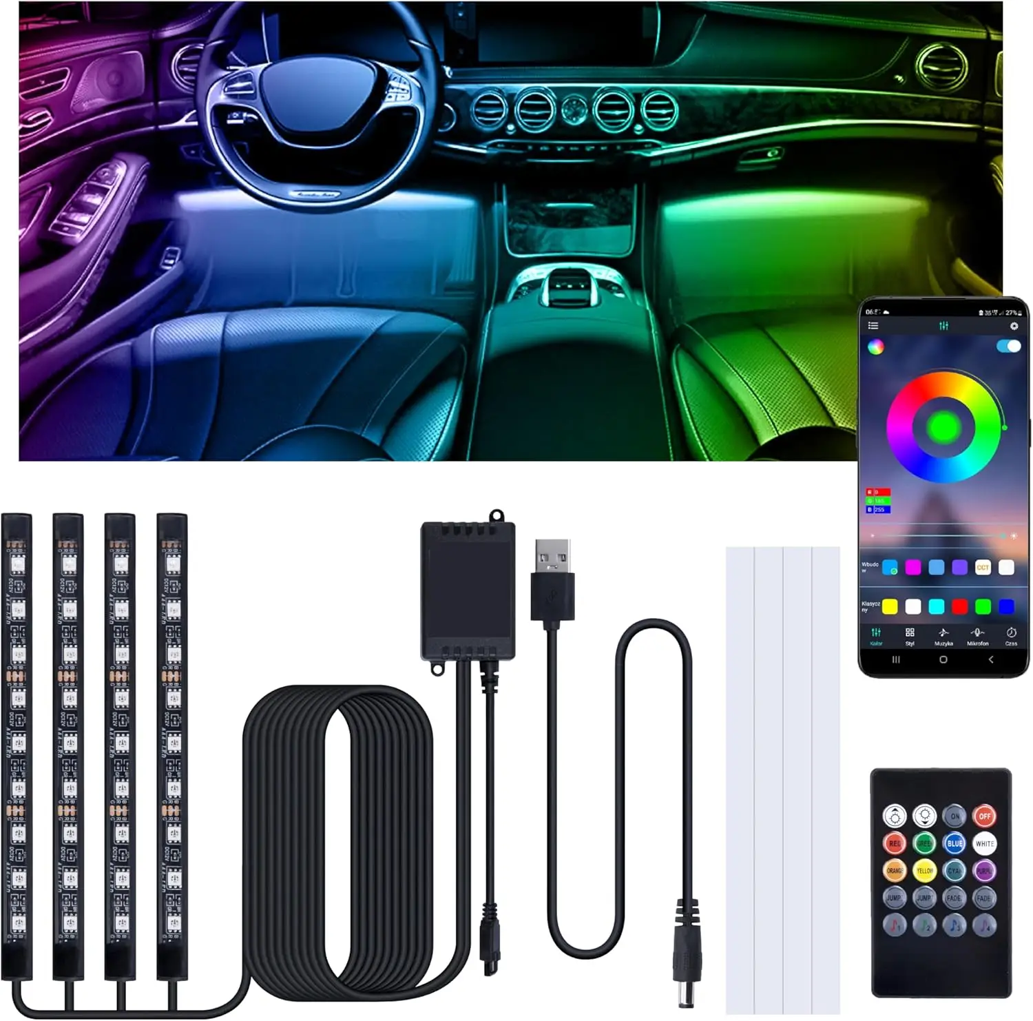 

Interior Car LED Lights with App & Remote, Sync to Music, USB Powered, 16M Colors, Easy Install, Perfect Gift