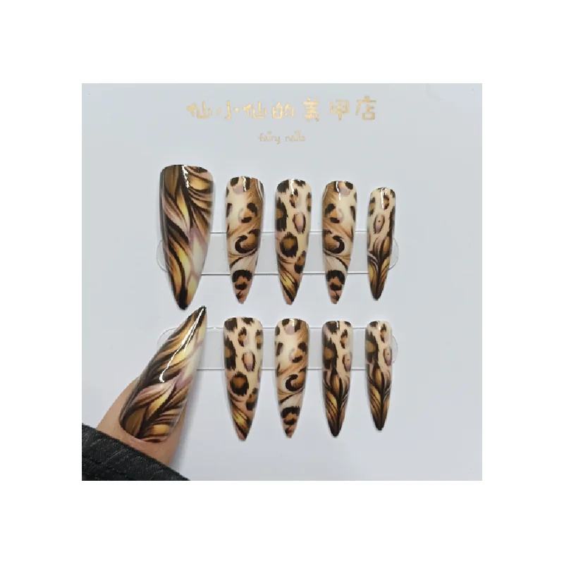 

Leopard print wearing nail European and American nail art stickers autumn and winter personalized fake nail pieces