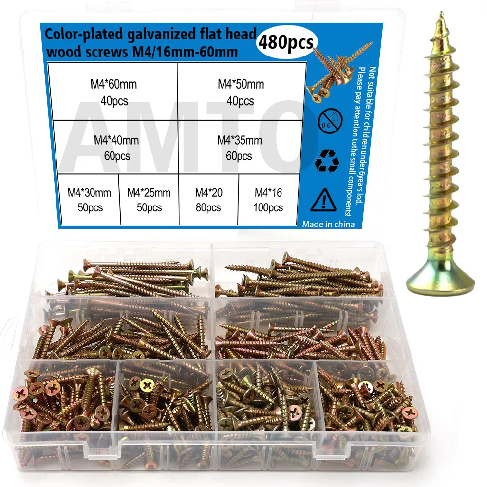 480-Piece Set of Color-Plated Galvanized Flathead Wood Screws, M4, Lengths 16mm/20mm/25mm/30mm/35mm/40mm/50mm/60mm