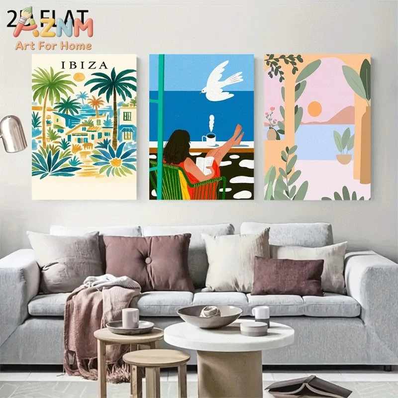 Boho Ibiza Coastal Canvas Wall Art 3pcs Palm Town Woman Reading Seagull Pastel Plant Window View Unframed Canvas Print For Livin