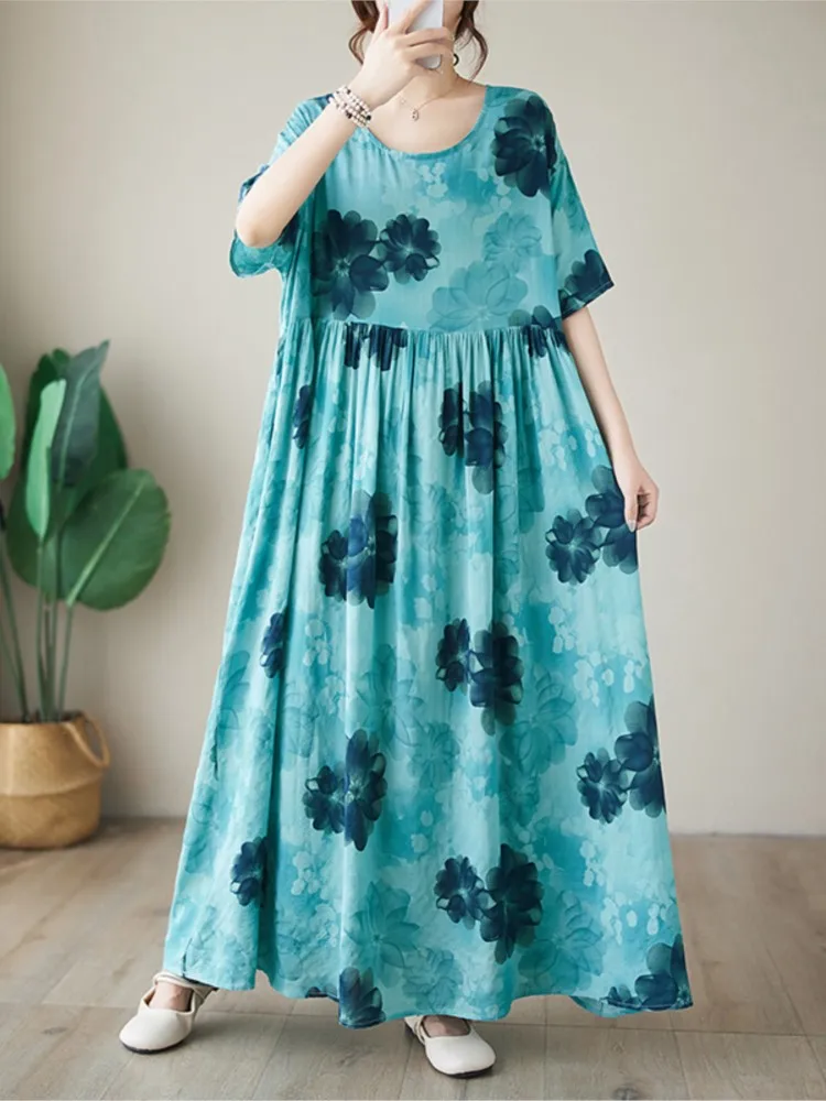 Robe d'été longue à fleurs pour femmes, modèle plissé à volants, manches courtes, style décontracté