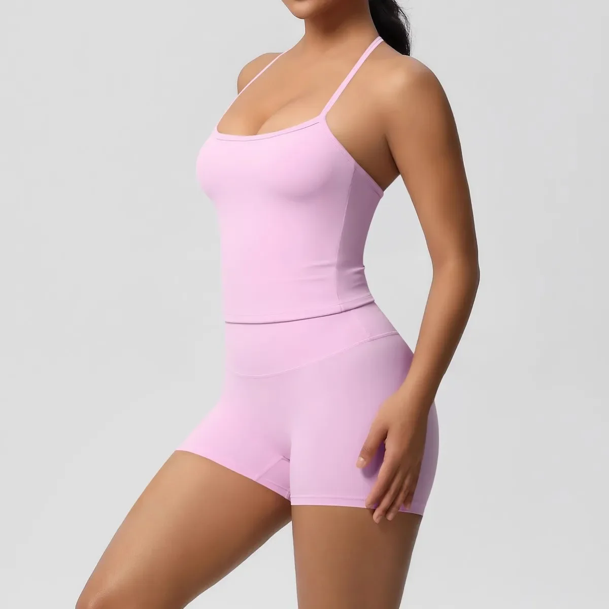 Yoga Gym Set Halter Top High Waist Shorts Backless Tights Bra Vest Seamless Stretch Ribbed Buttocks Lift for Women