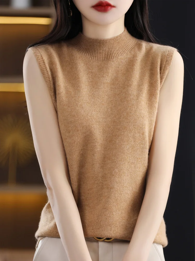 100% Zuivere Wollen Trui Gebreid Pullover Vest Dames Mock Neck Soild Mouwloos Los Basic Veelzijdig Vest Herfst Winter