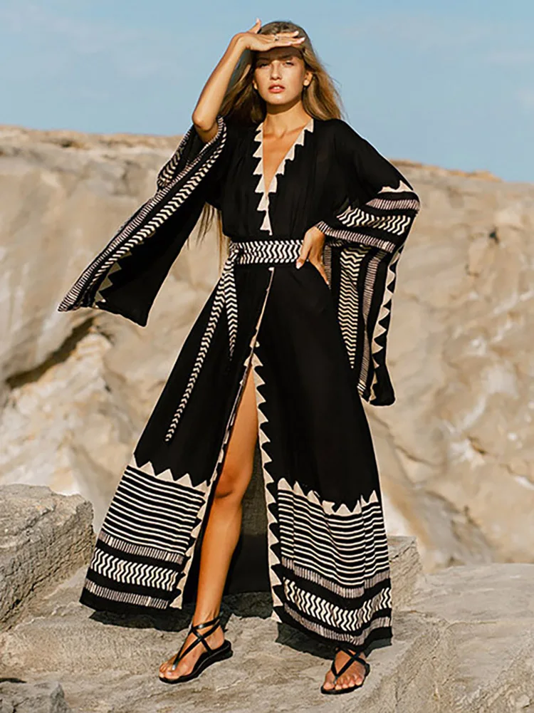 2023 Sexy Women Swimsuit Cover Up Beach Kimono Pareo Fashion Oversized Cuffs Tunic Long Dress Cardigan Summer Swimwear Beachwear