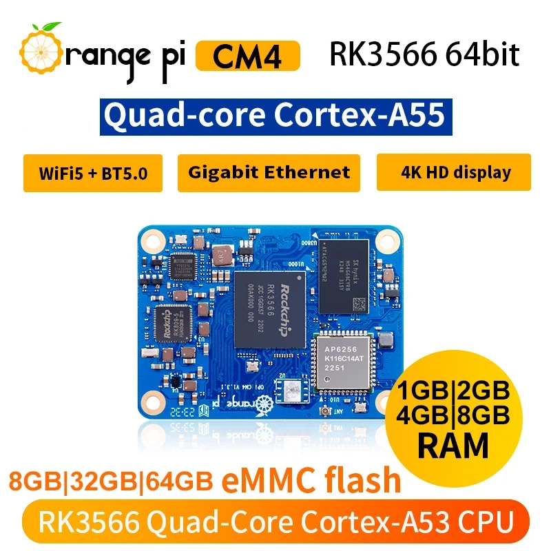 Orange Pi CM4 8 / 4 / 2 / 1GB RAM 64GB 32GB 8GB EMMC WiFi5+BT5.0 BLE Rockchip RK3566 Orange Pi Compute Module 4 Single Board