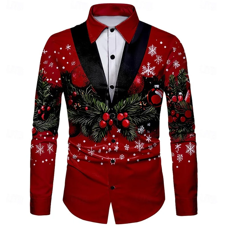 

Men's shirt Christmas tree snowflake pattern men's top, fashionable casual style, lapel long sleeves, fashionable street style