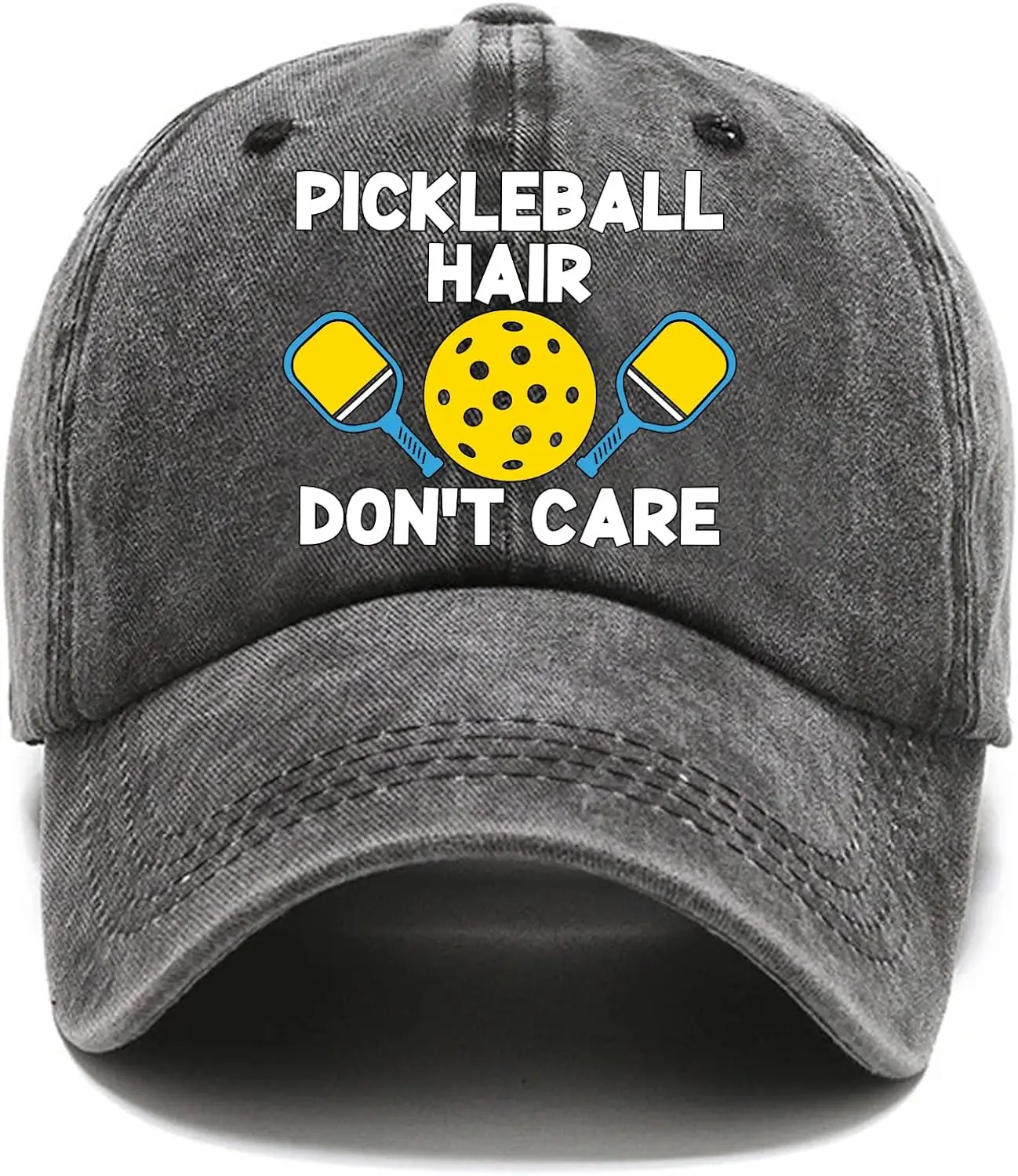 Pickleball Hair Don't Care Fun Distressed Washed Black Baseball Cap, Vintage Adjustable Cotton Cap, Funny Retirement Gift