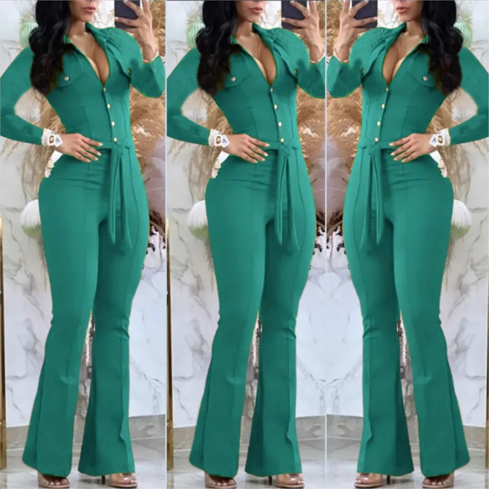 Spring Autumn Solid Single-breasted Slim-fitting Lace-up Women Jumpsuit New Fashion Slim-fit Hip-hugging Elegant Female Jumpsuit