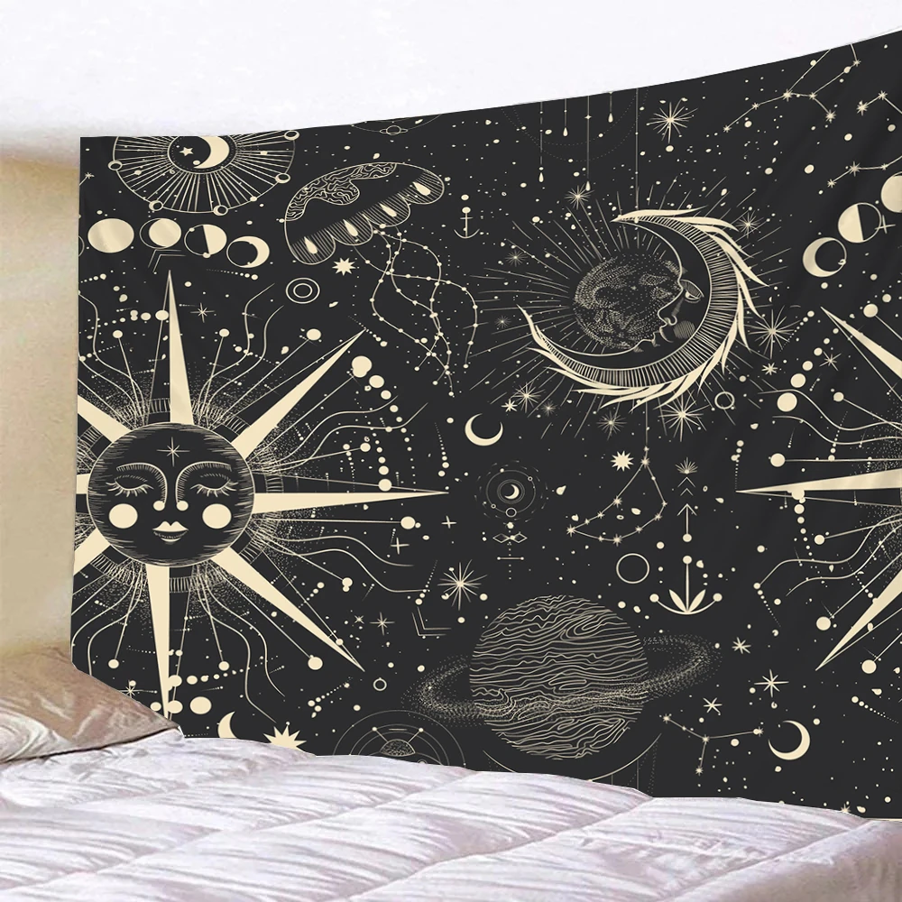 Witchcraft horoscope white black sun moon mandala starry sky tapestry wall hanging bedroom living room  background cloth