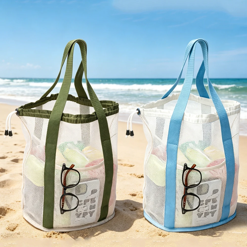 

Large-capacity beach bag with a sand‑resistant mesh design, featuring a drawstring closure and side pockets—essential for family