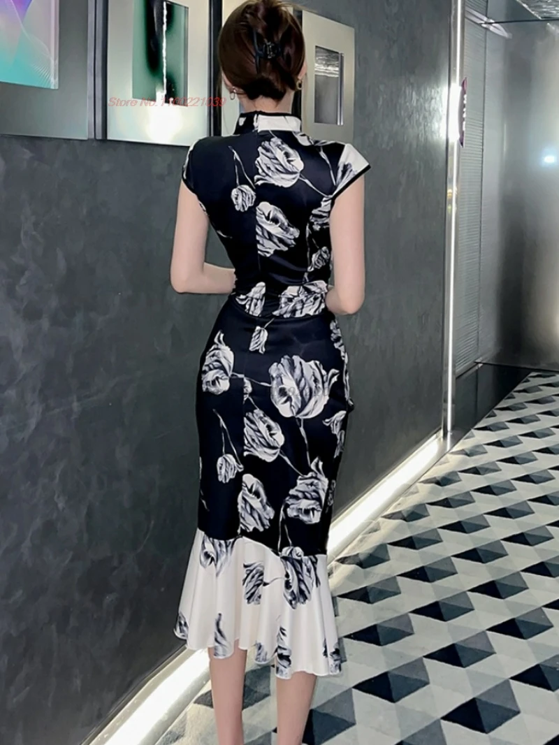 チャイナドレス-花柄のノースリーブドレス,伝統的なイブニングドレス,セクシーなqipao,中国のヴィンテージ,2022