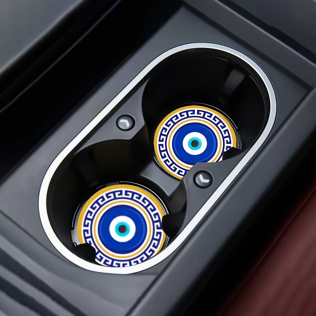 2pcs Evil Eye Car Coasters - Non-Slip Absorbent Rubber Cup Holder Inserts With Blue Oriental Amulet Design For Turkish & Greek P